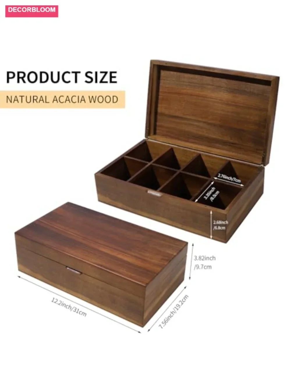 Acacia Wooden Tea Bag Organizer with Magnetic Lid, 8 Adjustable Compartments